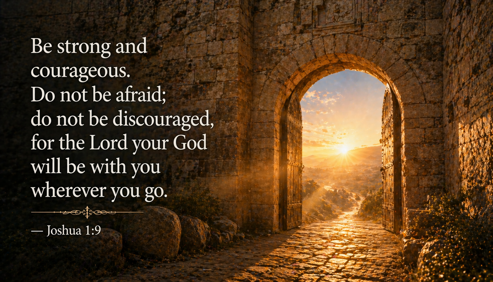 Ancient fortress gate at dawn golden light streaming through stone archway onto path leading into unknown territory dust motes -- Joshua 1:9 wallpaper